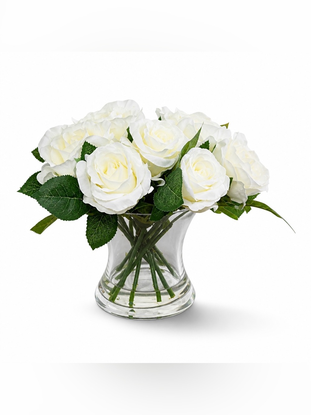White Artificial Rose Floral Arrangement In Glass Vase Faux Roses Home Wedding